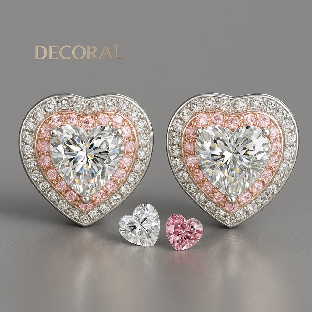 Heart pink with dual moissanite sides studs | 925 silver