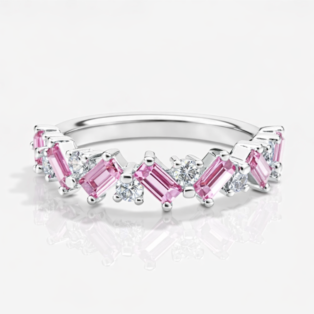 Romantic Emerald Pink Sapphire And Diamond Ring in 925 Silver | WOKE