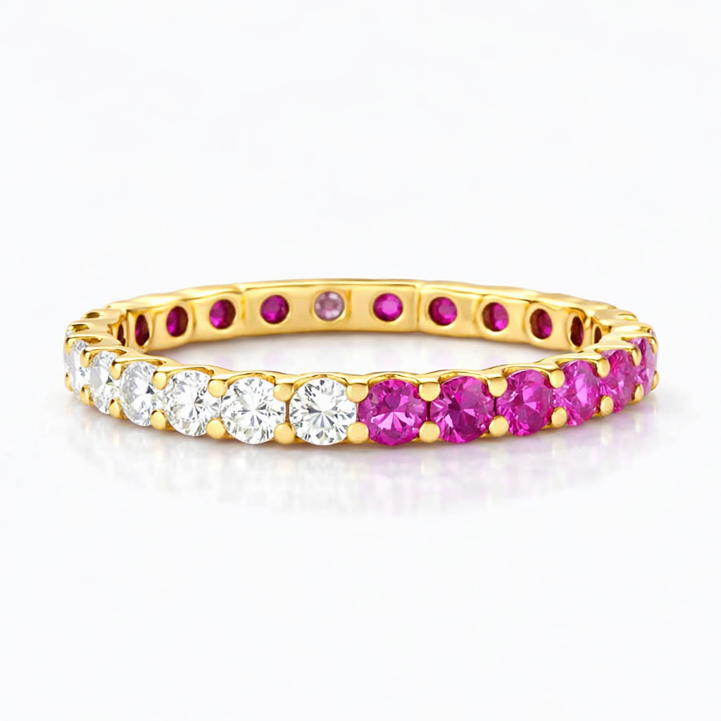 Half And Half Pink Sapphire And Diamond Eternity Ring In 925 Silver |WOKE