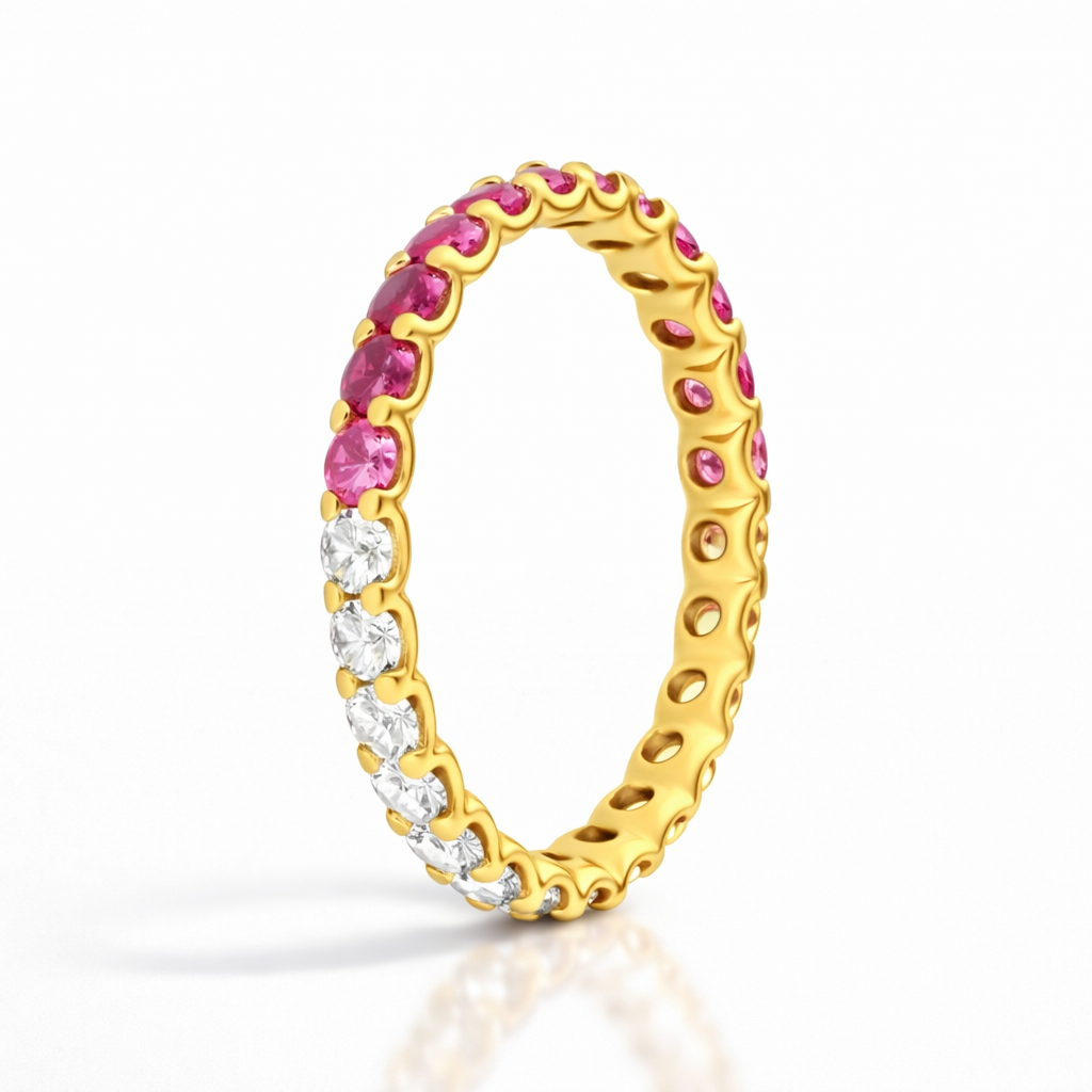 Half And Half Pink Sapphire And Diamond Eternity Ring In 925 Silver |WOKE