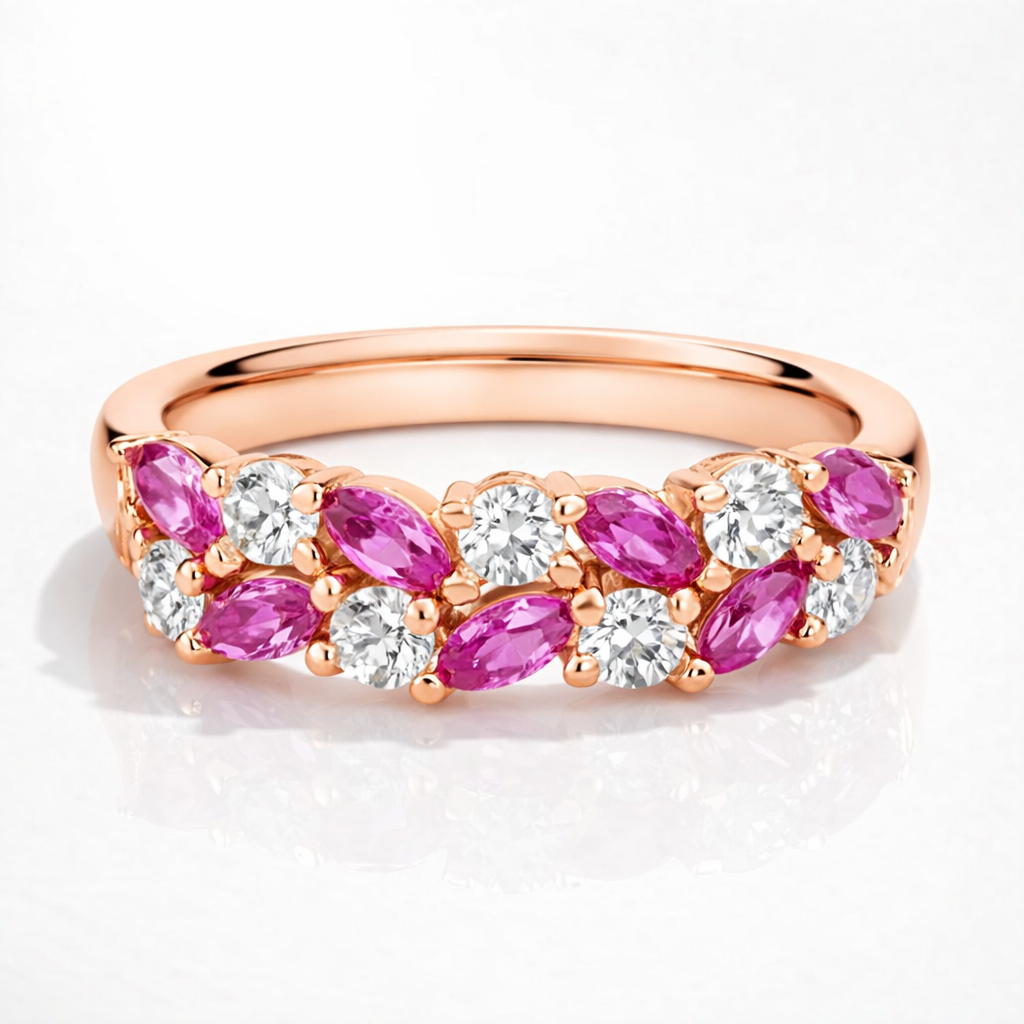 Romantic Marquise Pink Sapphire And Diamond Ring In 925 Silver