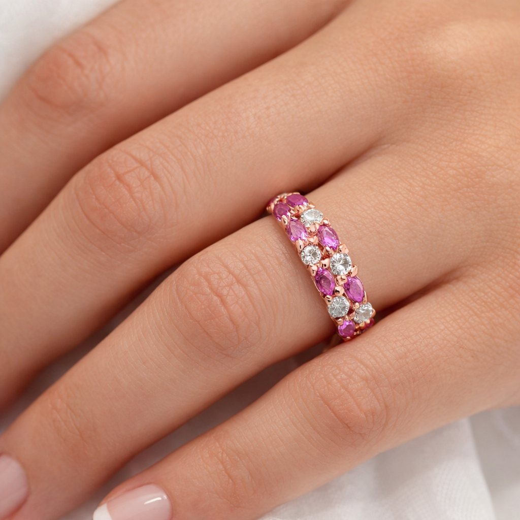 Romantic Marquise Pink Sapphire And Diamond Ring In 925 Silver