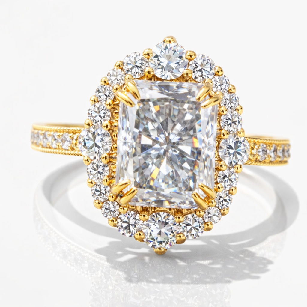 3.74 TCW Radiant Cut Moissanite Intricate Vintage Halo Engagement Ring | WOKE
