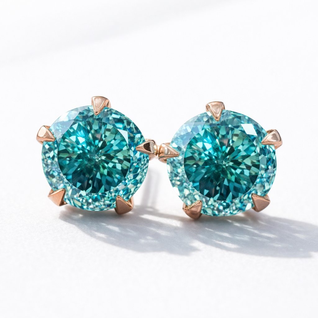 4.00 TCW Portuguese Cut Cyan Blue Classic Claw Prongs Moissanite Stud Earrings in 9K Gold/925 Silver|WOKE