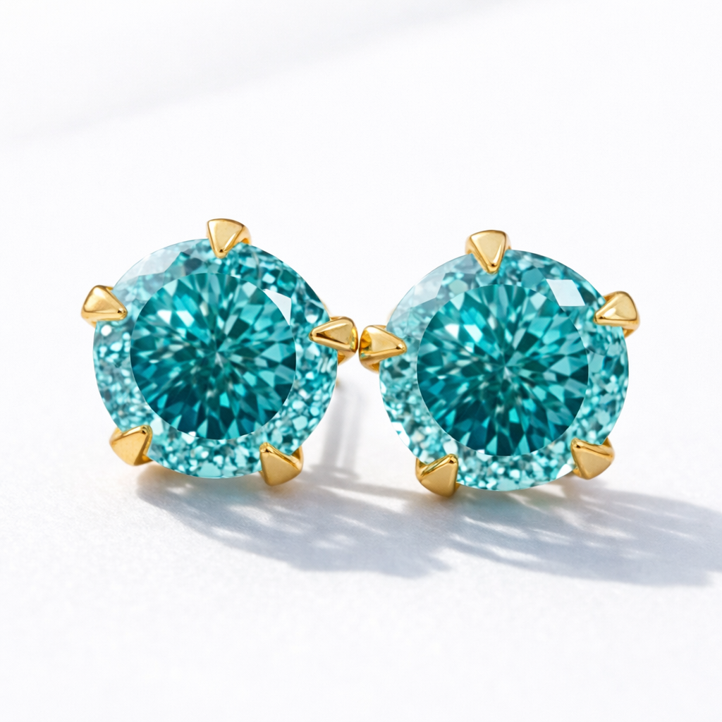 4.00 TCW Portuguese Cut Cyan Blue Classic Claw Prongs Moissanite Stud Earrings in 9K Gold/925 Silver|WOKE