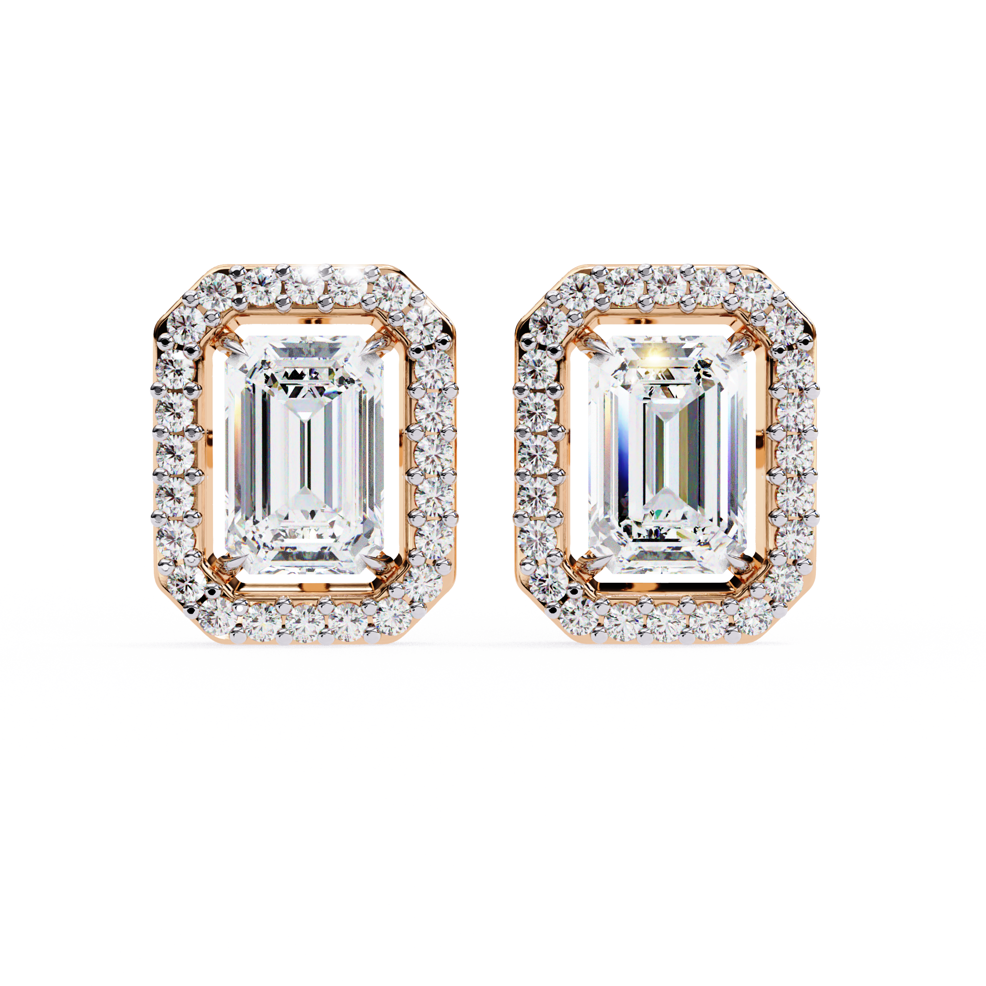 WOKE ™ 2.44 CT VVS-F Lab Grown emerlad cut Diamond Halo Studs in 14/18k Gold