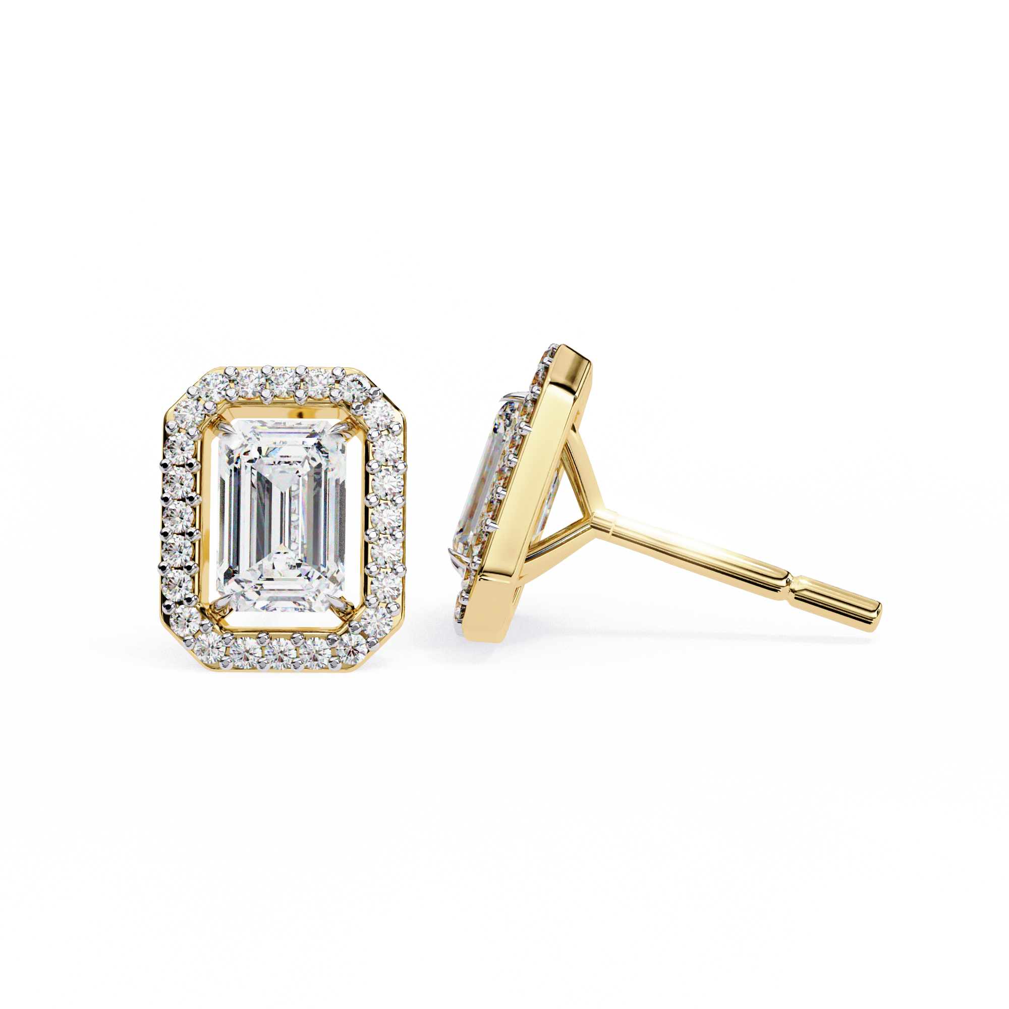 WOKE ™ 2.44 CT VVS-F Lab Grown emerlad cut Diamond Halo Studs in 14/18k Gold