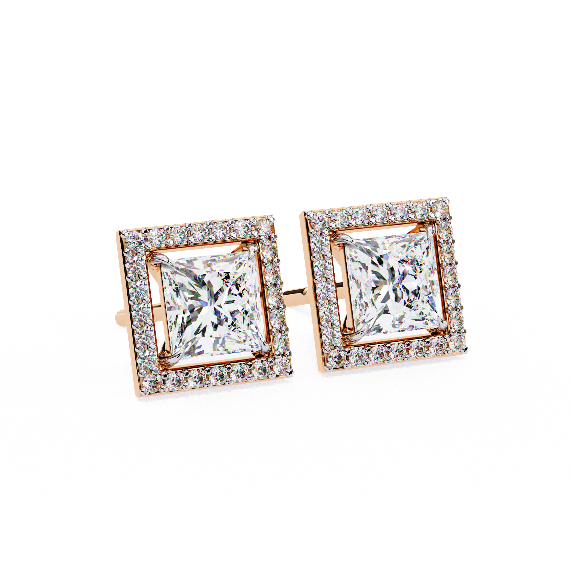 WOKE ™ VVS-F Lab Grown Princess cut Diamond Halo Studs in 14/18k Gold