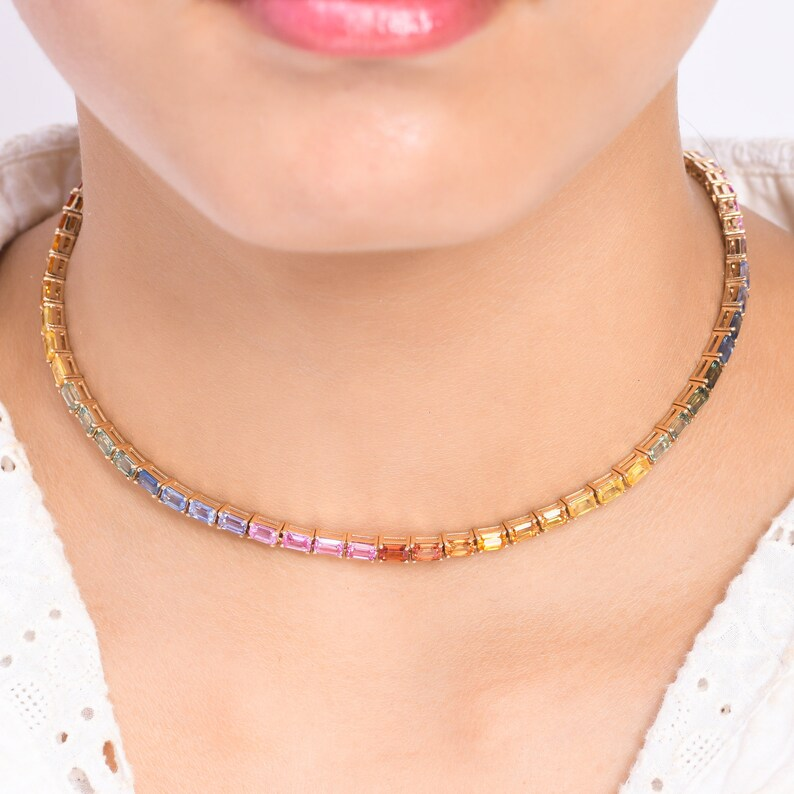 Rainbow sapphire emerald cut tennis necklace | WOKE