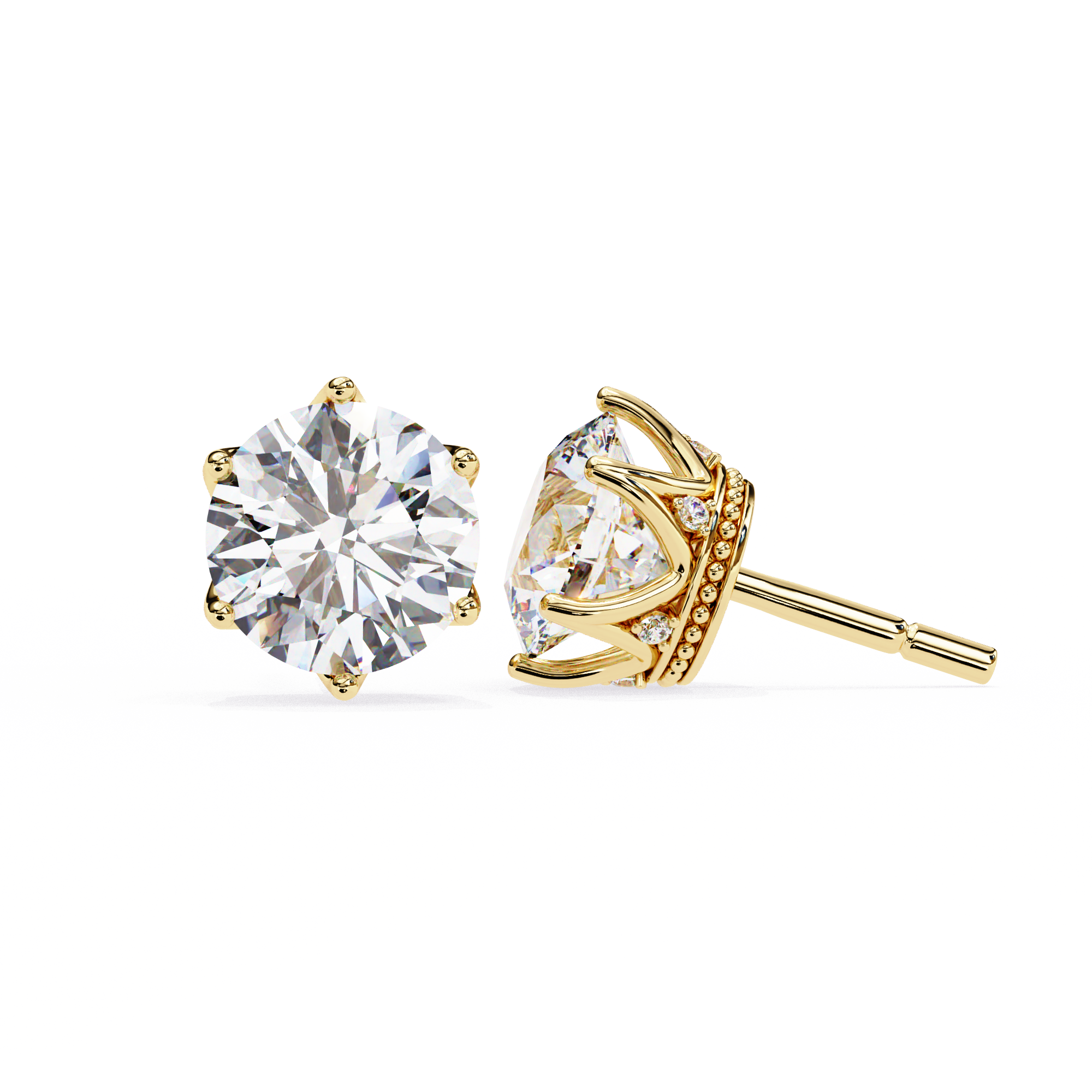 WOKE ™ 2.00 CARAT 6 PRONG CROWN  VVS-EF ROUND CUT Lab Grown Diamond STUDS in 14/18k Gold