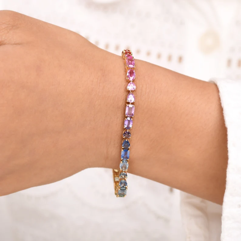 Rainbow sapphire emerald cut mix shape tennis bracelet  | WOKE