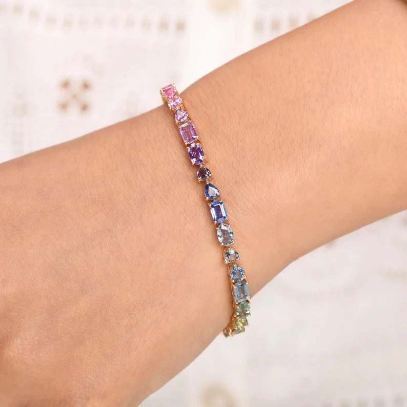 Rainbow sapphire emerald cut mix shape tennis bracelet  | WOKE