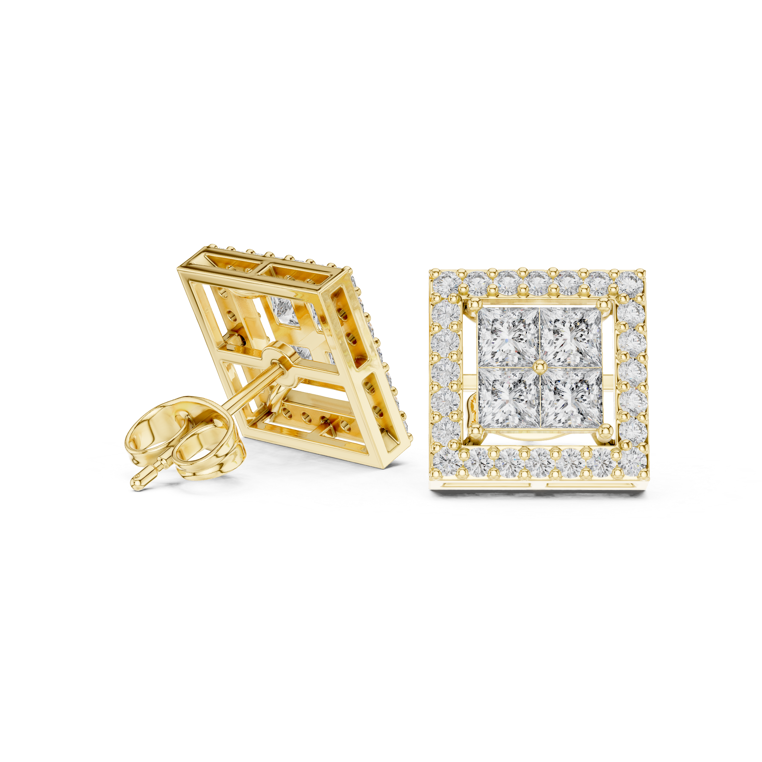 1.666 Princess & Round Moissanite Studs in 9K Gold/925 Silver |WOKE