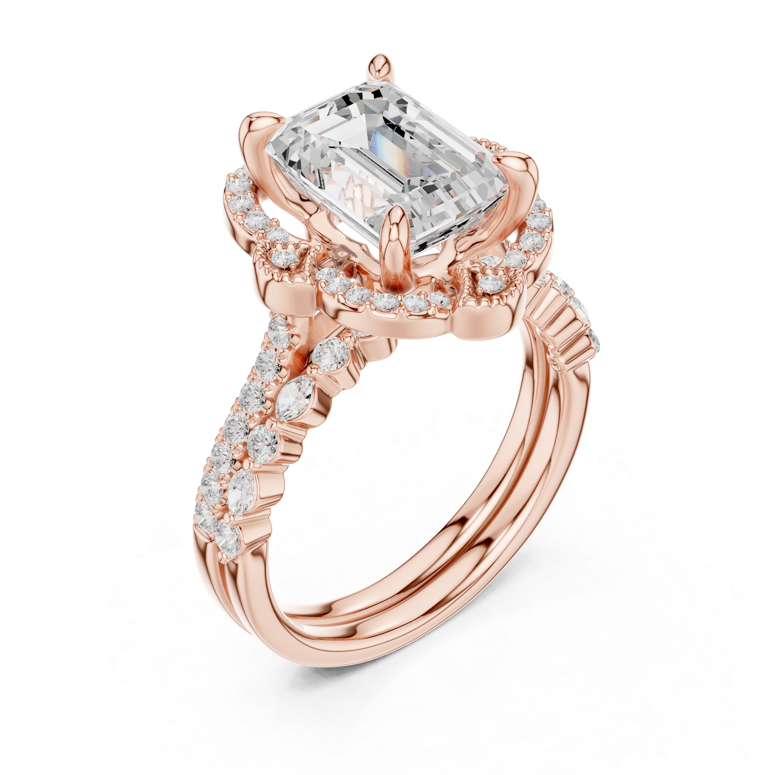 3.56 CT Marquise Emerald  & Round Lab Grown Diamond Ring | WOKE