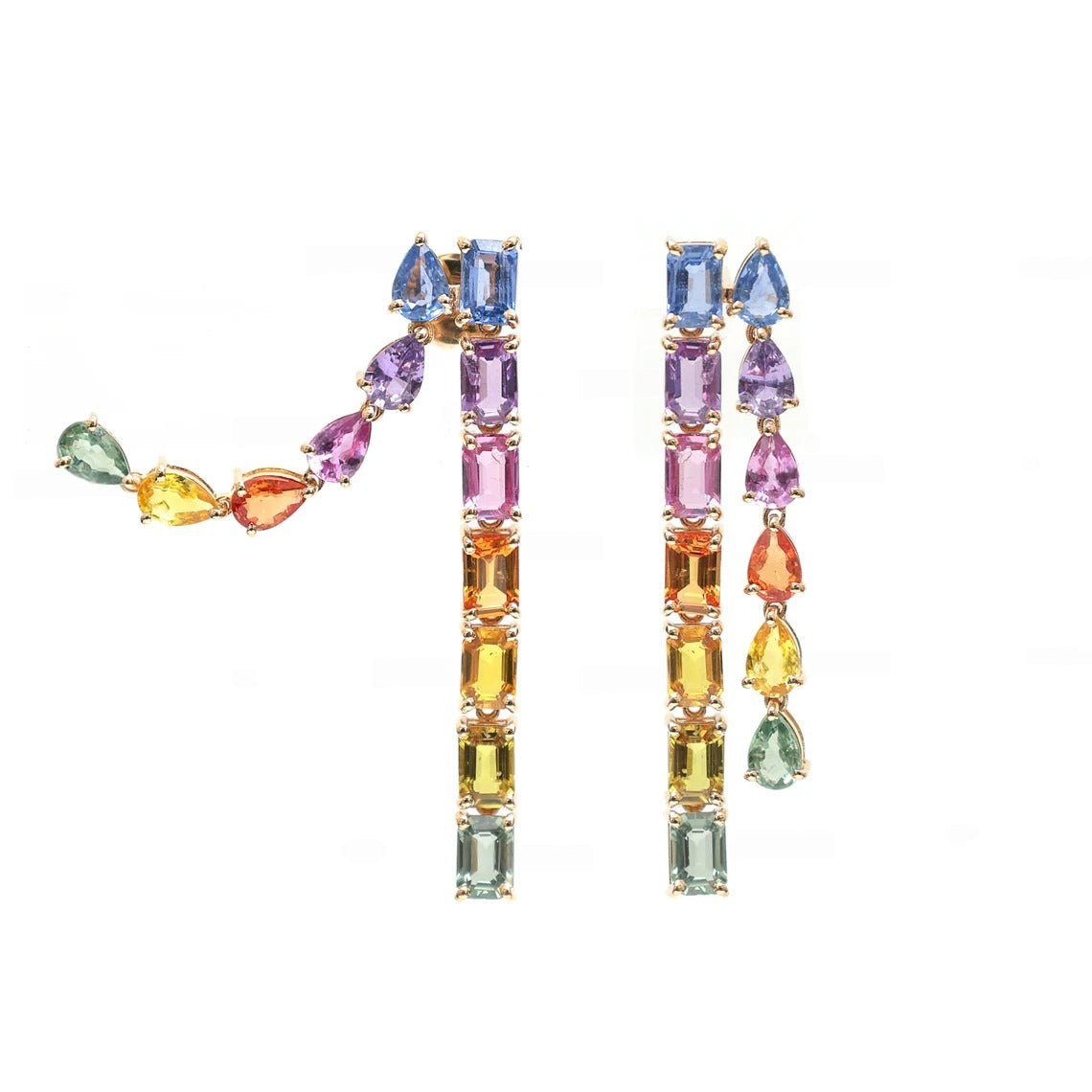Rainbow sapphire emerald cut pear cut dangling earrings| WOKE