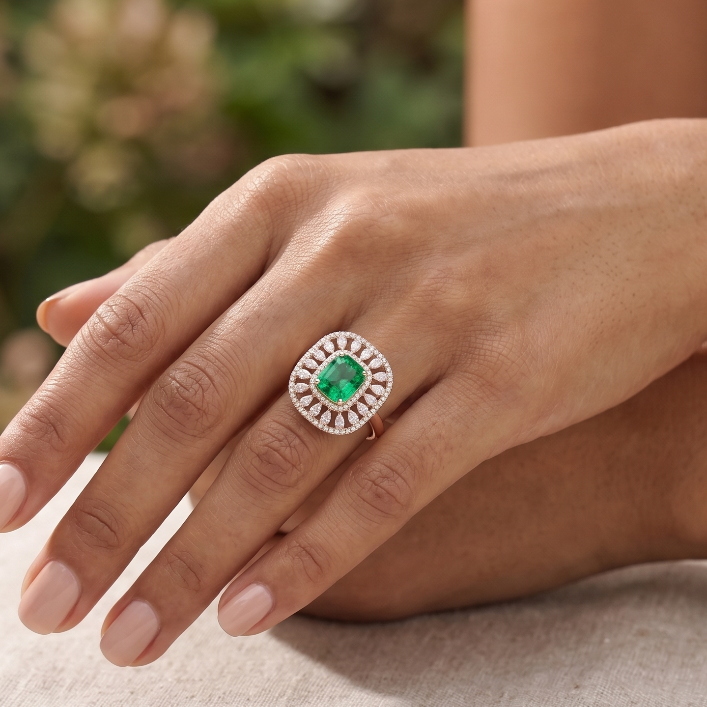 Lab Grown Emerald & Moissanite Ring in 9K Gold/925 Silver