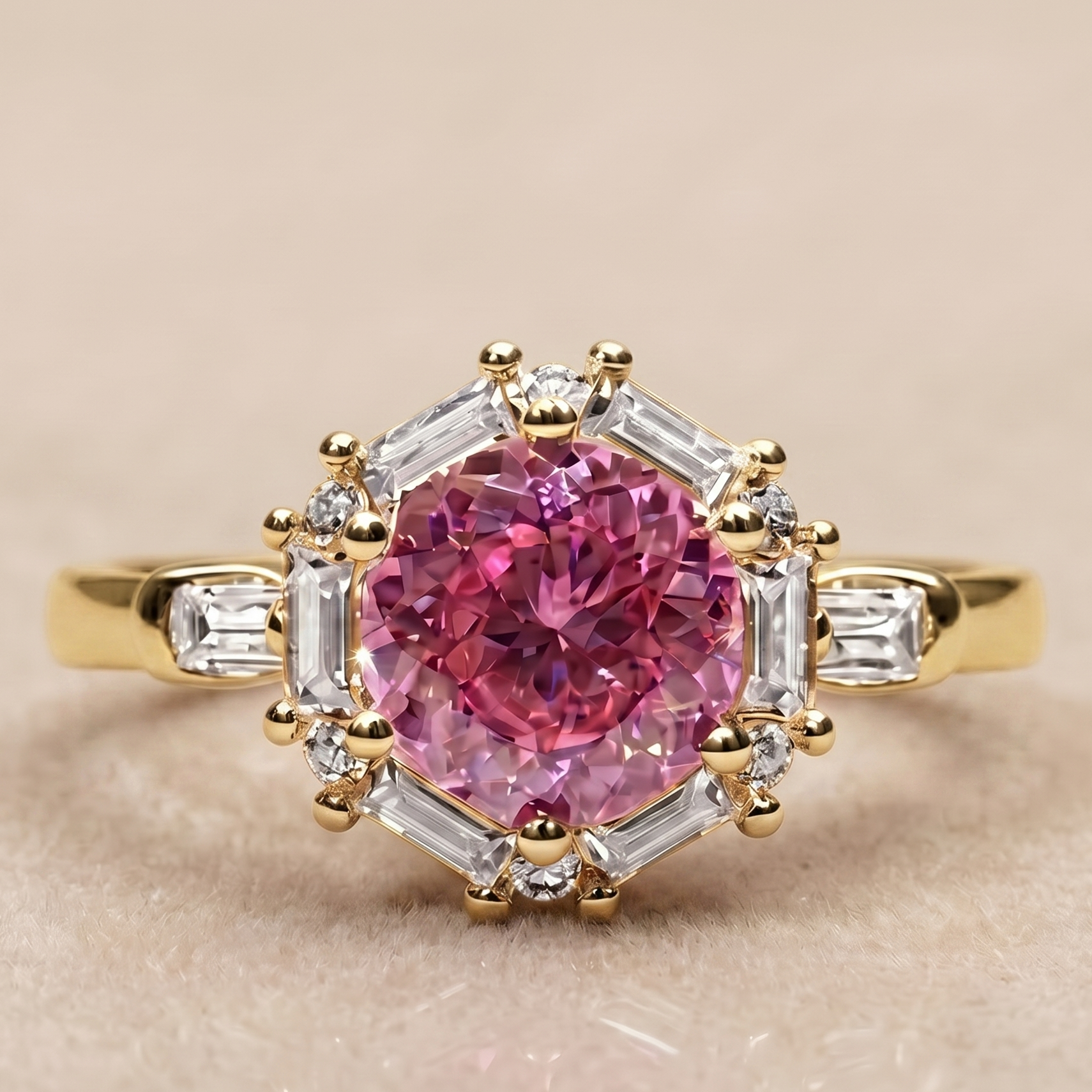 1 CT Pink Portugese Rin with side bagguettes in 9K Gold/925 Silver |WOKE