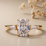 3 CT Old Mine Cut Ring with Side Baguettes in 9K Gold/925 Silver |WOKE
