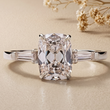 3 CT Old Mine Cut Ring with Side Baguettes in 9K Gold/925 Silver |WOKE