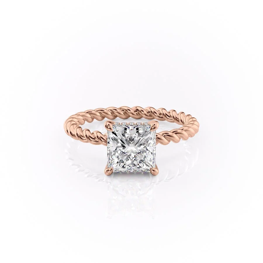 PRINCESS CUT MOISSANITE ENGAGEMENT RING, TWISTED BAND WITH HIDDEN HALO| WOKE