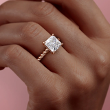 PRINCESS CUT MOISSANITE ENGAGEMENT RING, TWISTED BAND WITH HIDDEN HALO| WOKE