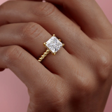 PRINCESS CUT MOISSANITE ENGAGEMENT RING, TWISTED BAND WITH HIDDEN HALO| WOKE