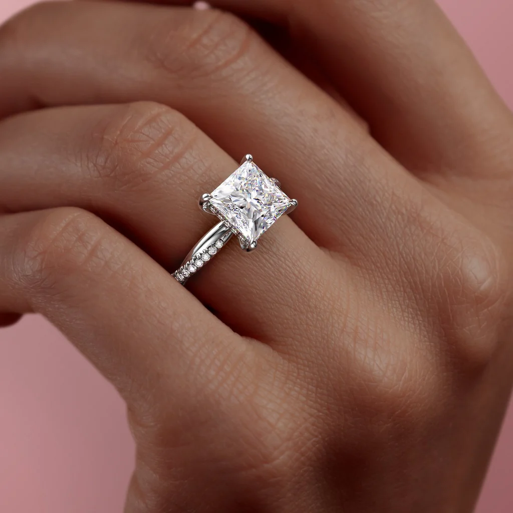 PRINCESS CUT MOISSANITE TWISTED SHOULDER SET RING WITH HIDDEN HALO| WOKE