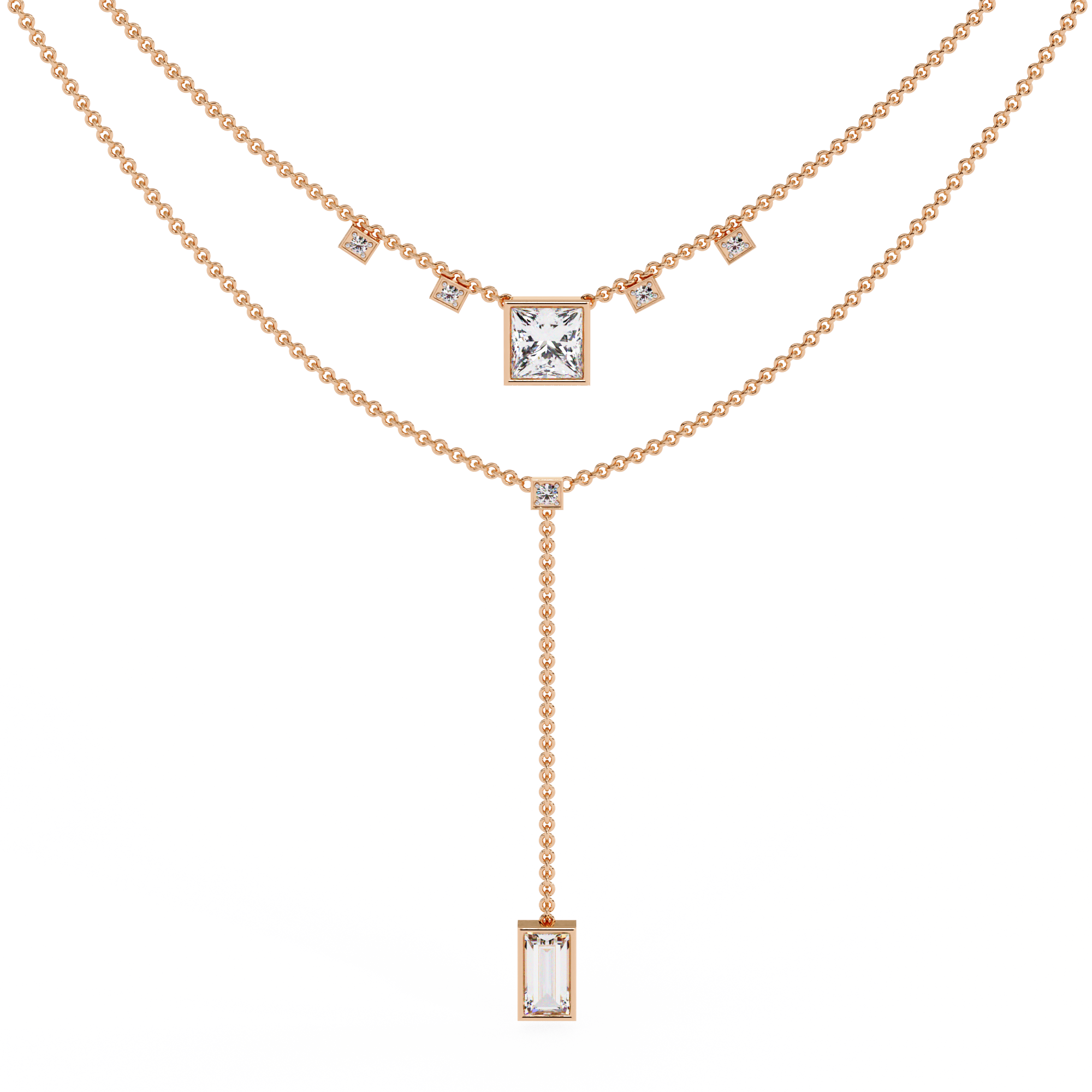 WOKE ™ 1.12 CT layered princess and emerald cut drop diamond necklace IN 14K GOLD