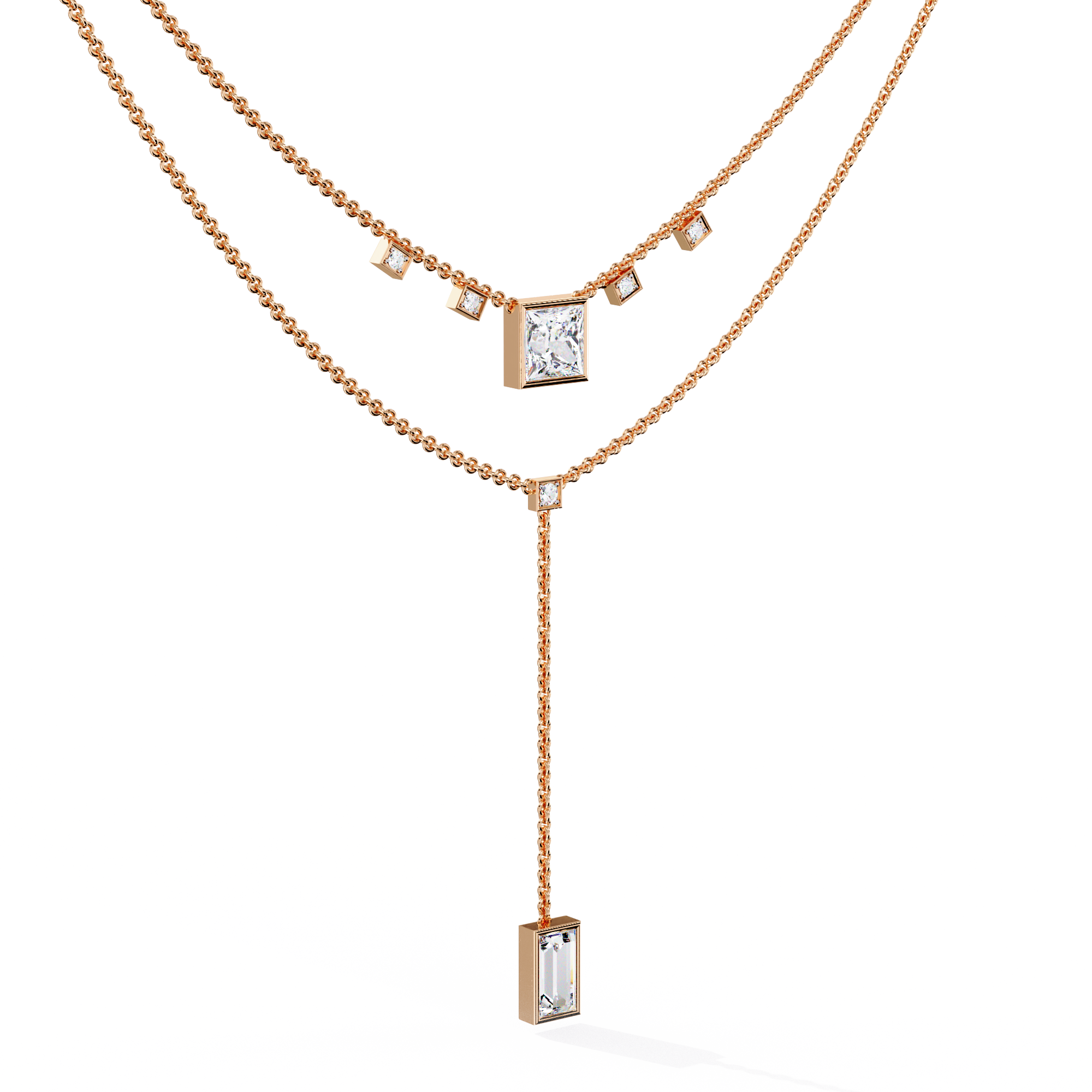 WOKE ™ 1.12 CT layered princess and emerald cut drop diamond necklace IN 14K GOLD