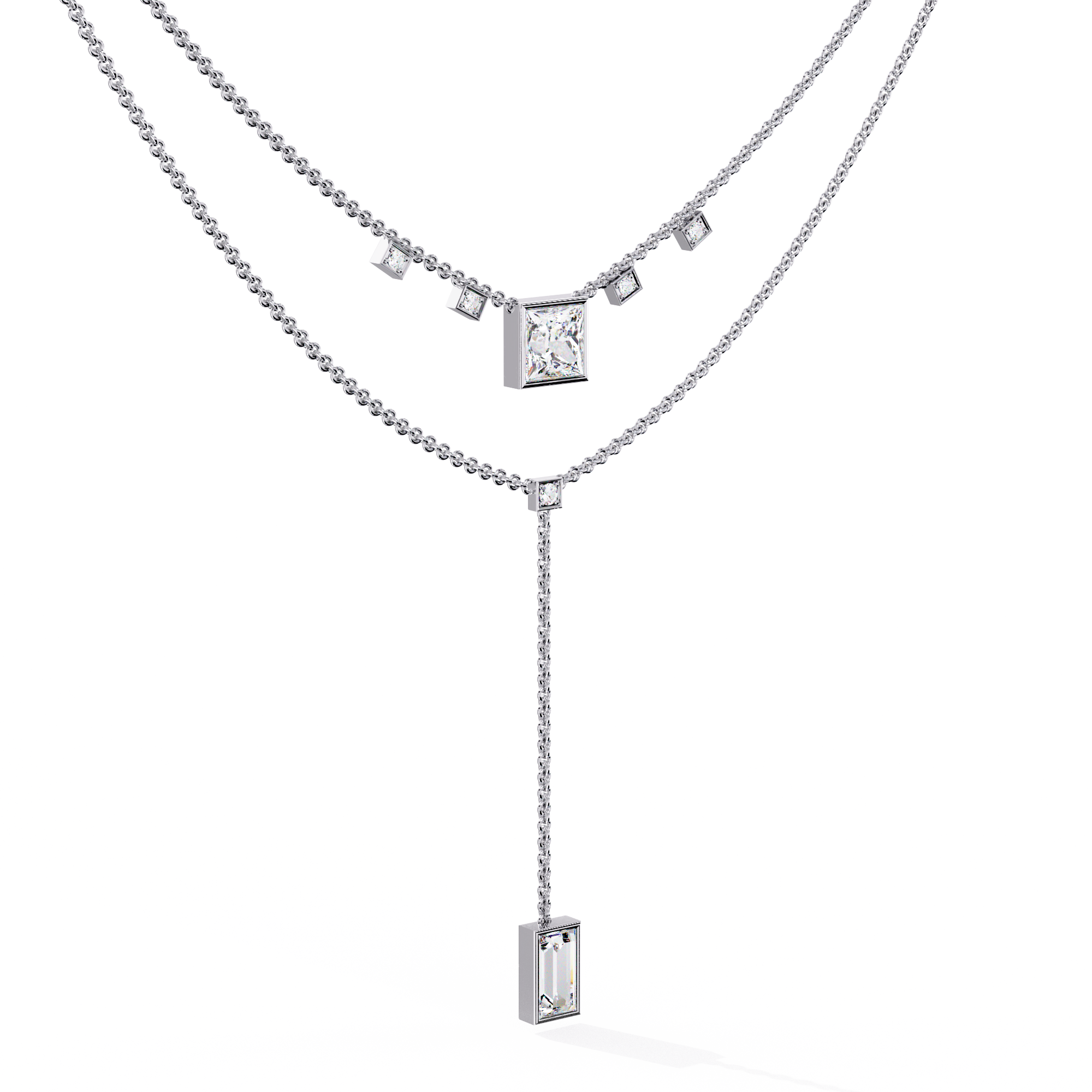 WOKE ™ 1.12 CT layered princess and emerald cut drop diamond necklace IN 14K GOLD