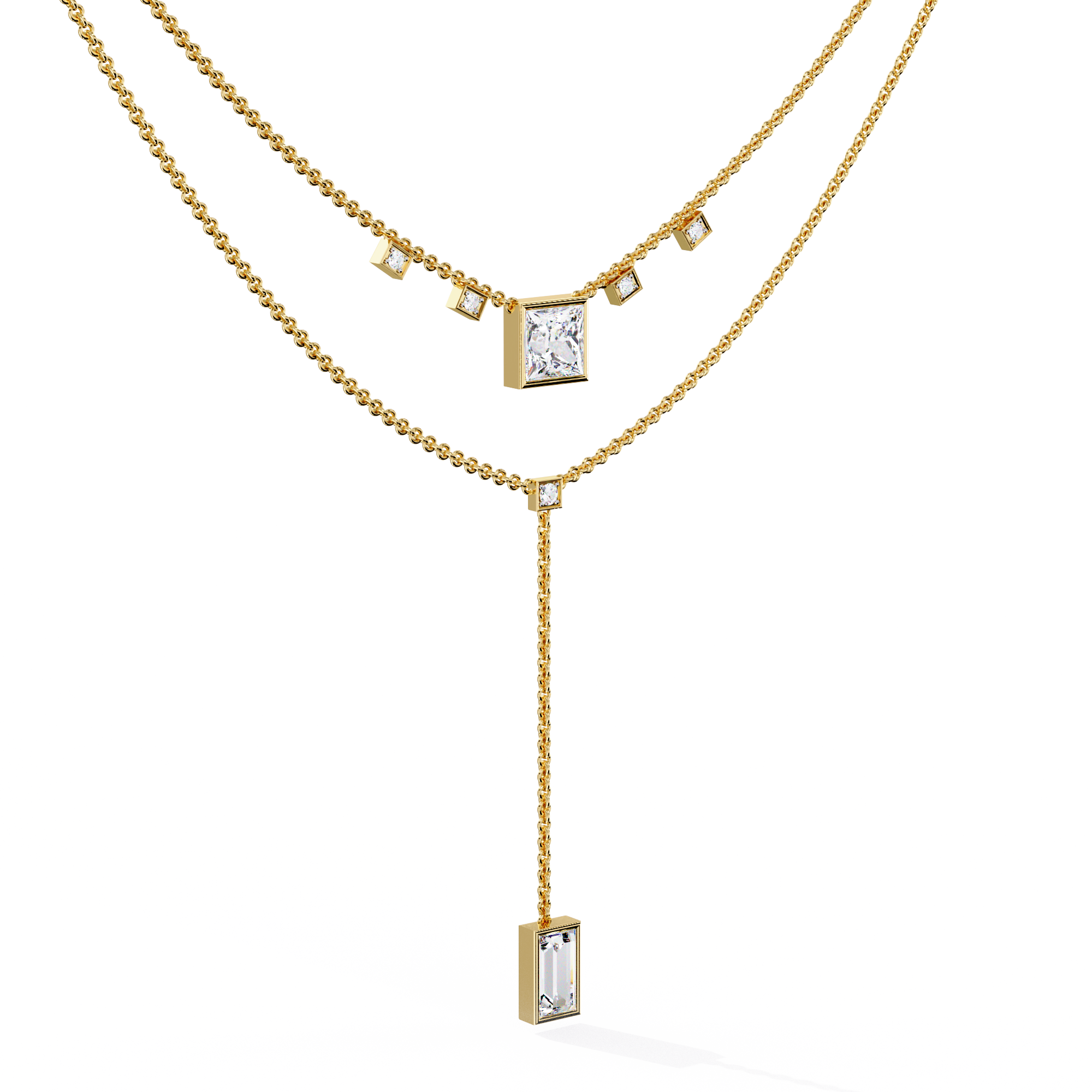 WOKE ™ 1.12 CT layered princess and emerald cut drop diamond necklace IN 14K GOLD