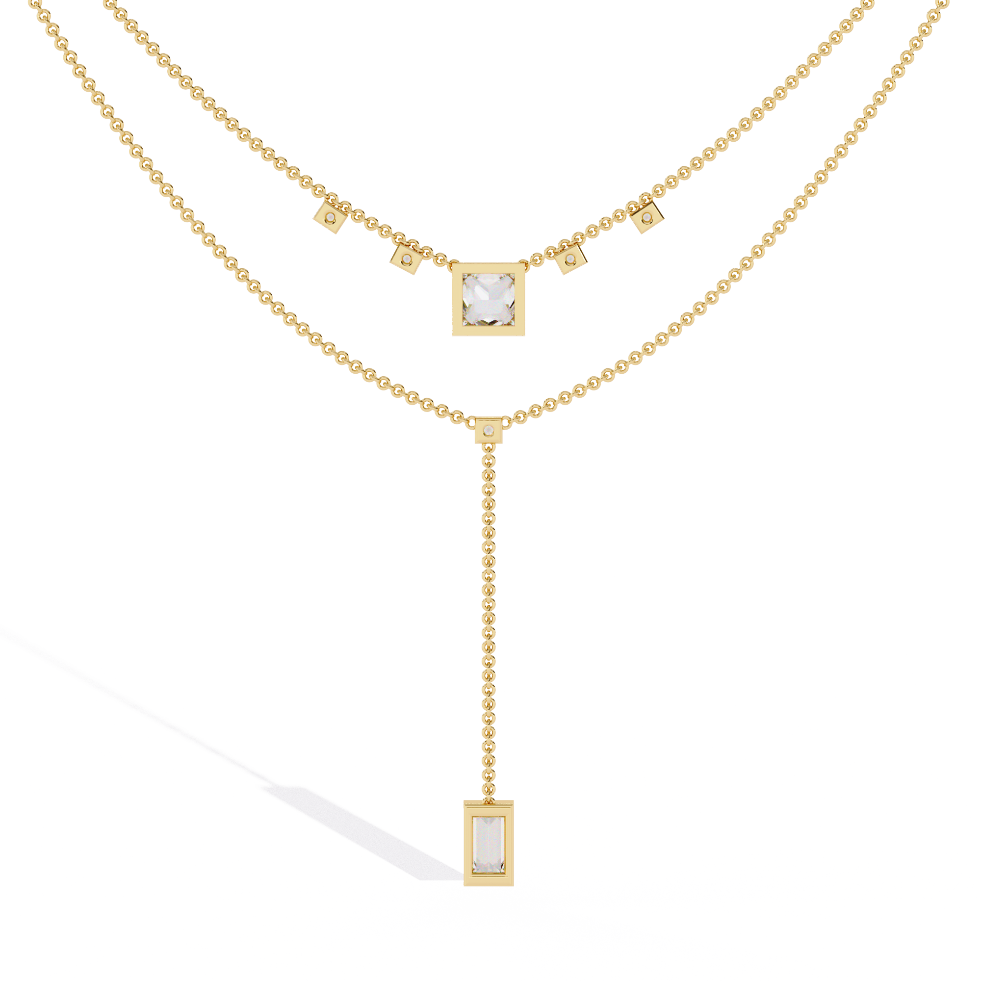 WOKE ™ 1.12 CT layered princess and emerald cut drop diamond necklace IN 14K GOLD