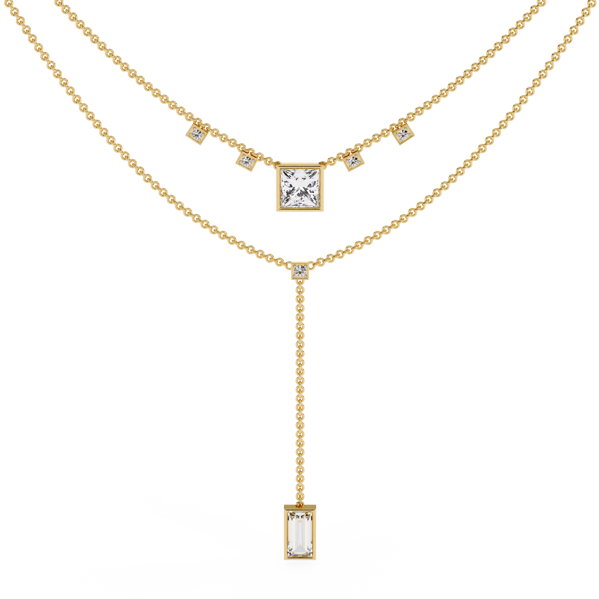 WOKE ™ 1.12 CT layered princess and emerald cut drop diamond necklace IN 14K GOLD