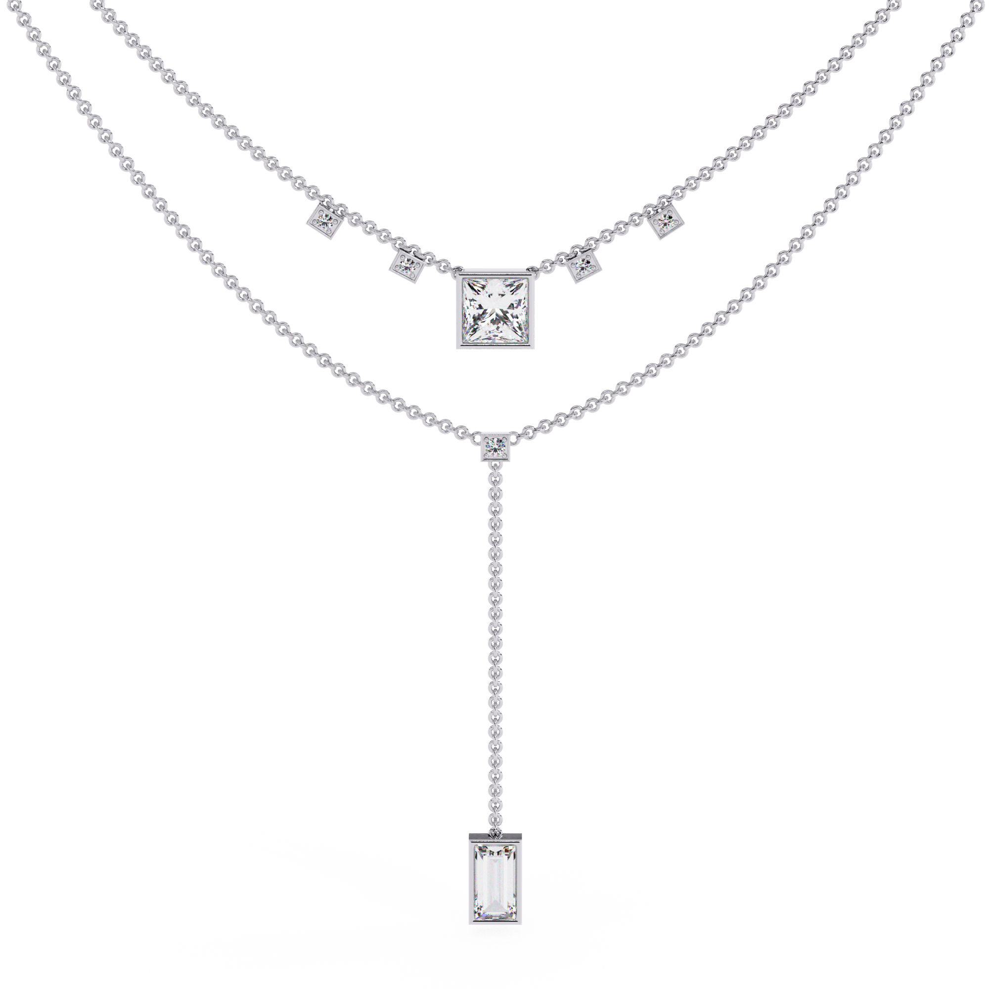 WOKE ™ 1.12 CT layered princess and emerald cut drop diamond necklace IN 14K GOLD