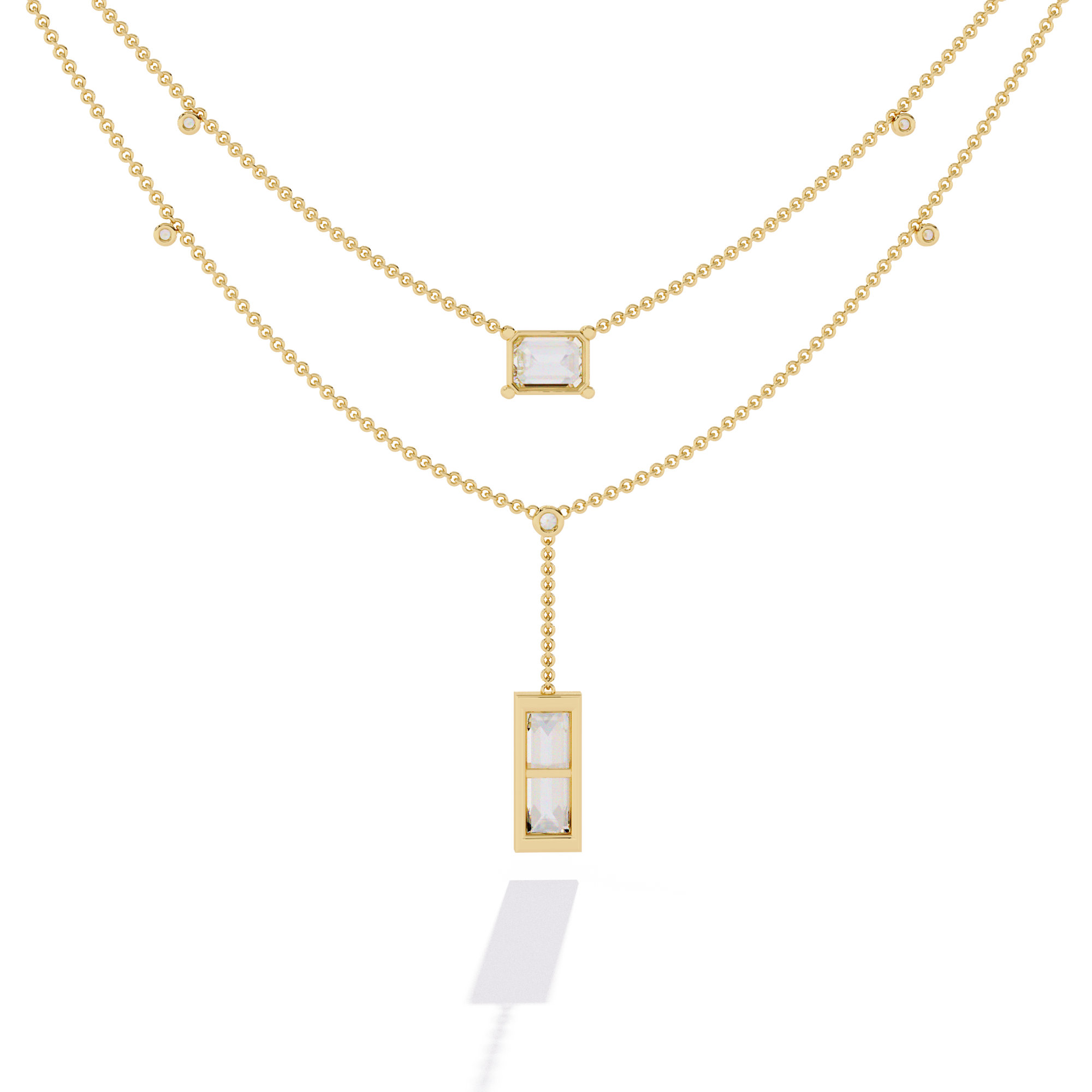 WOKE ™ 1.12 CT layered princess and emerald cut drop diamond necklace IN 14K GOLD