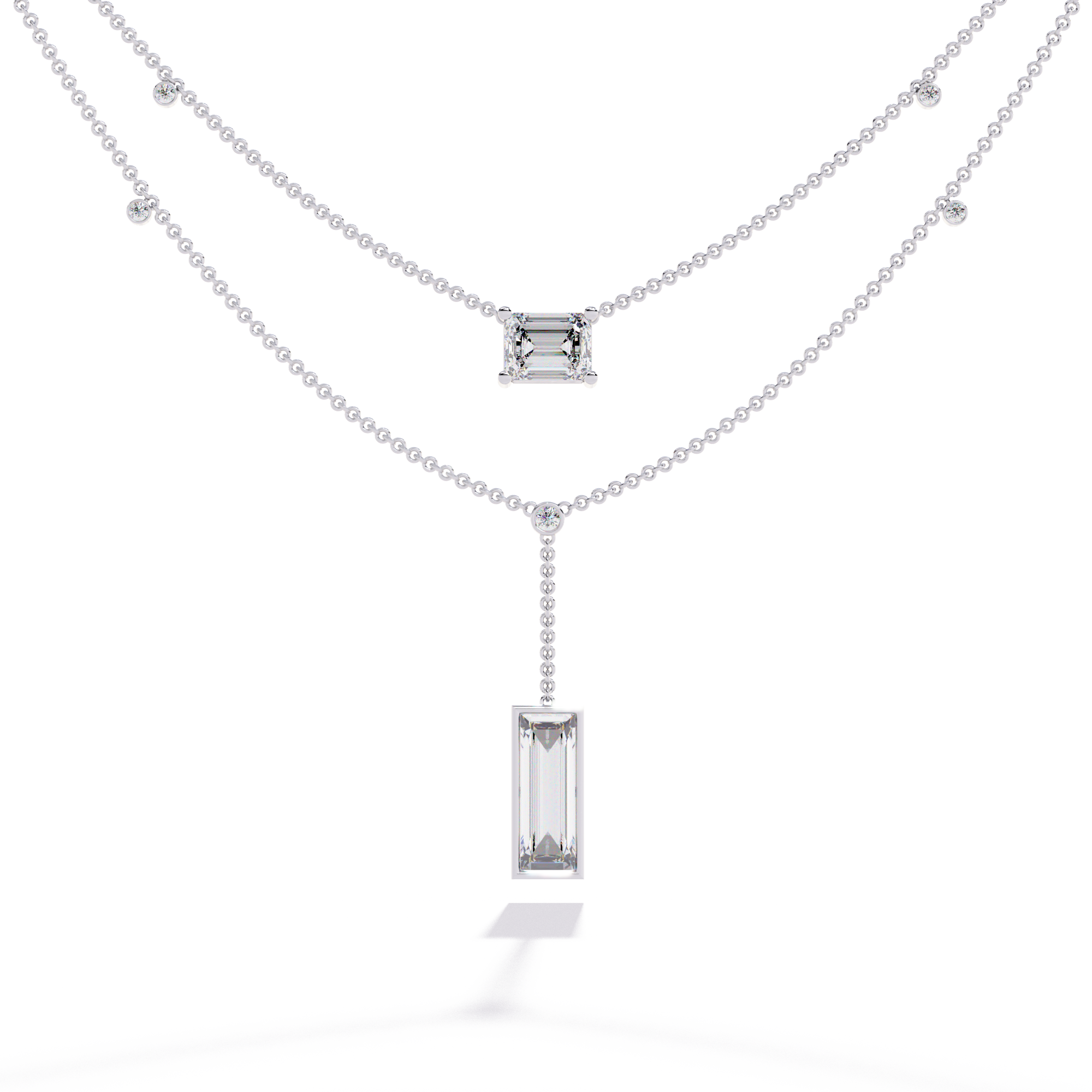 WOKE ™ 1.12 CT layered princess and emerald cut drop diamond necklace IN 14K GOLD