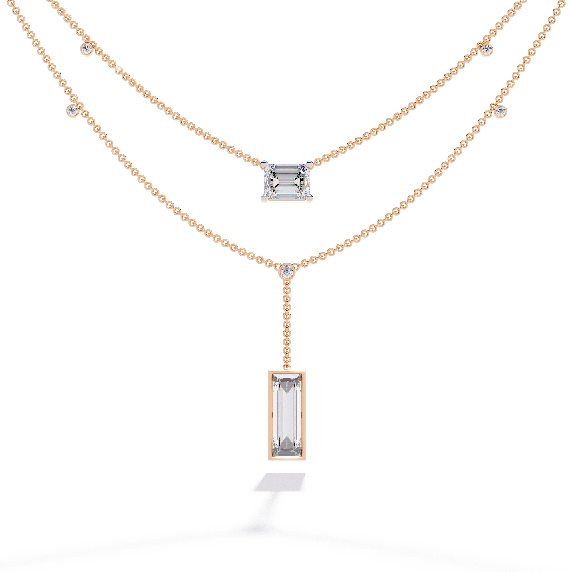 WOKE ™ 1.12 CT layered princess and emerald cut drop diamond necklace IN 14K GOLD