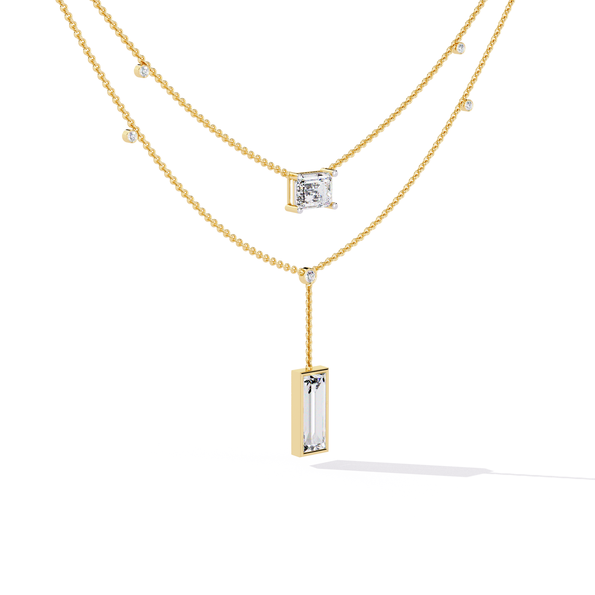 WOKE ™ 1.12 CT layered princess and emerald cut drop diamond necklace IN 14K GOLD