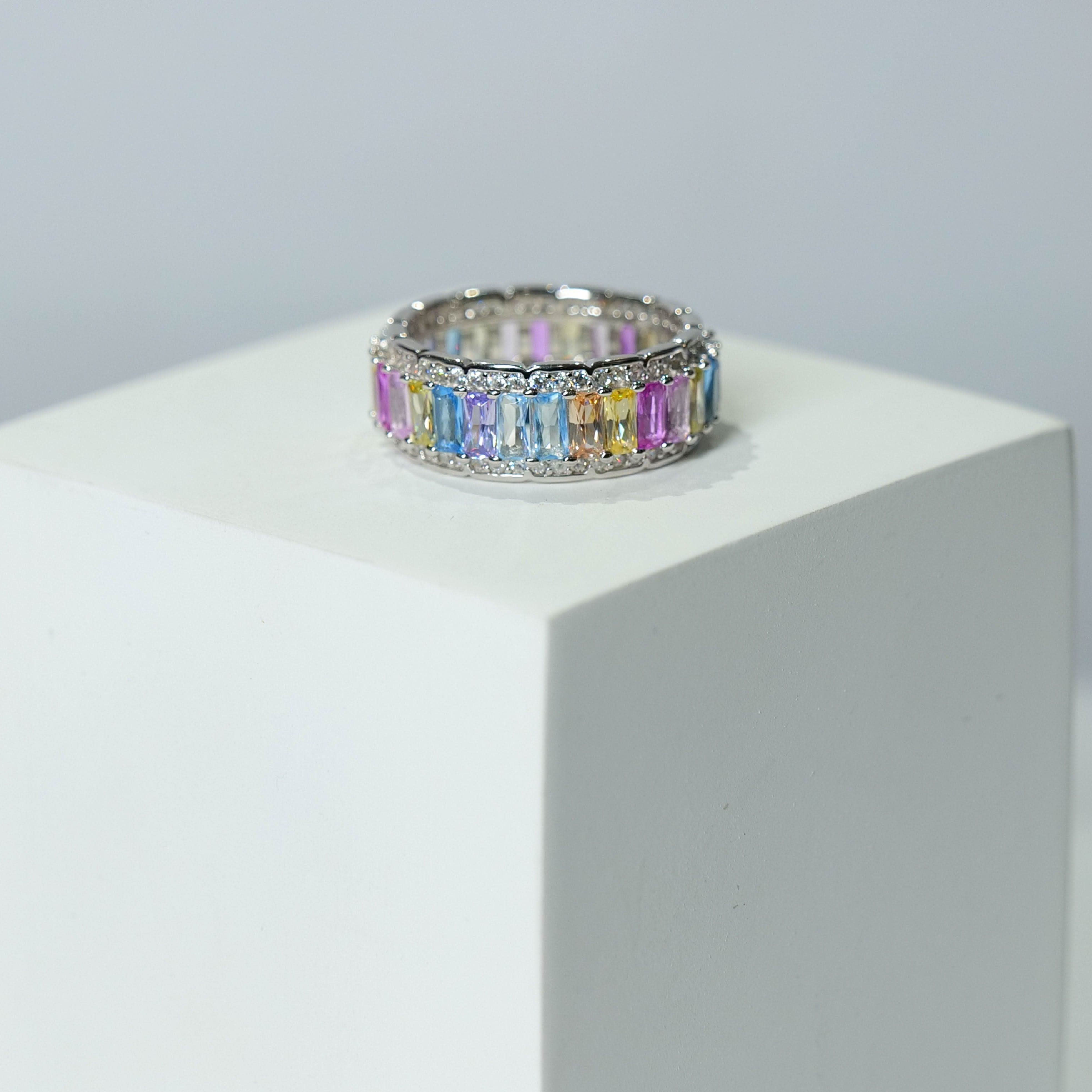 Rainbow crystals radiant Eternity Bands| In 925 sterling silver
