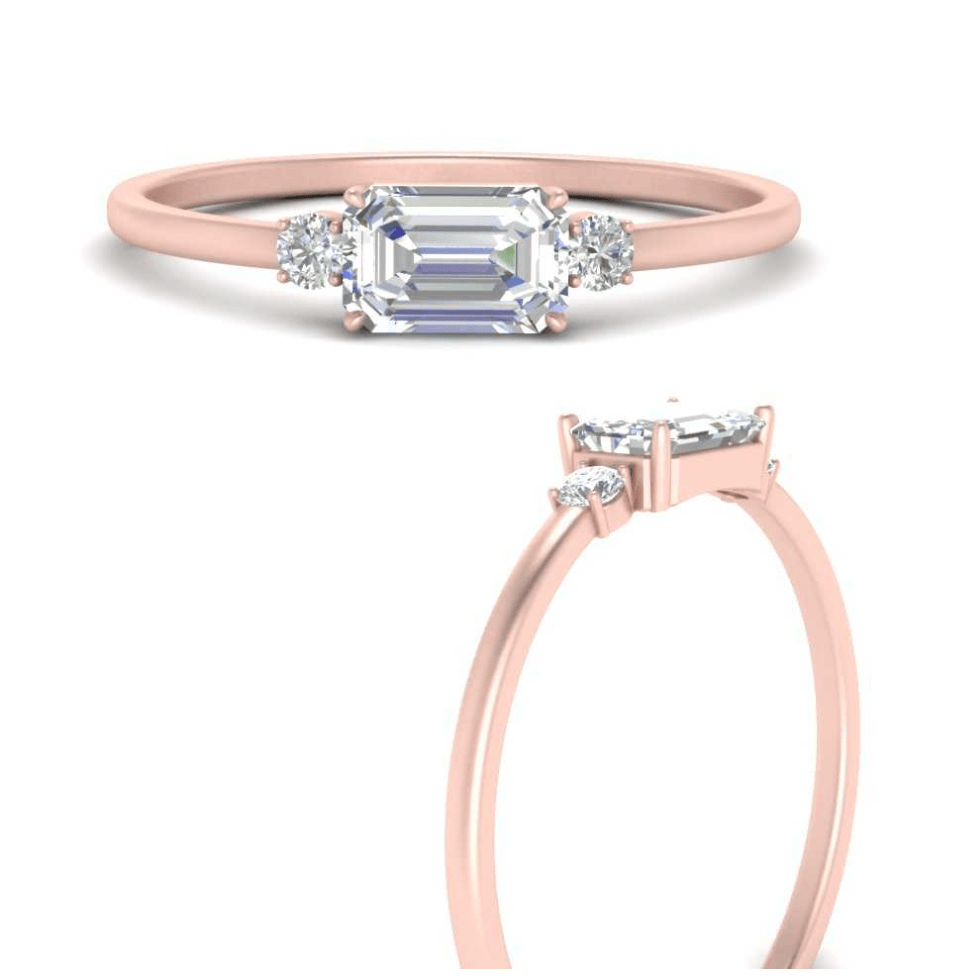 Parallel emerald cut cut moissanite with side solitaire | In 925 sterling silver/14k gold and GRA certified moissanites