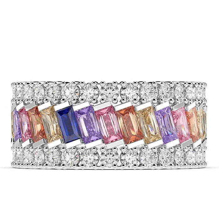 Tilt rainbow crystals with bezel solitaires Eternity Bands| In 925 sterling silver