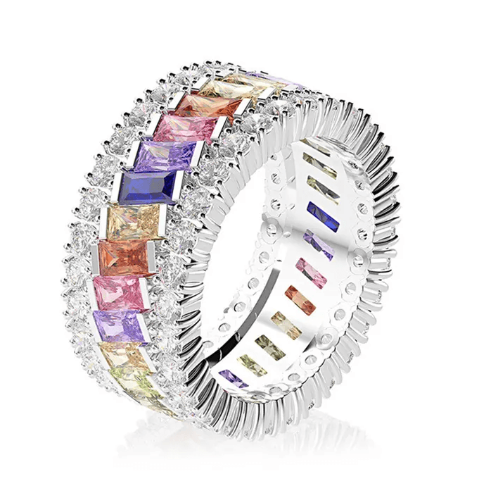 Tilt rainbow crystals with bezel solitaires Eternity Bands| In 925 sterling silver