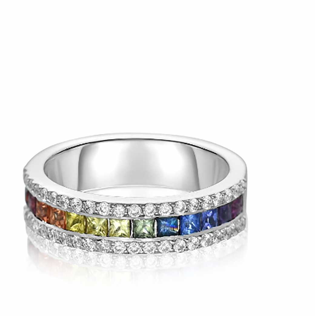 Halo bezel rainbow crystals with Eternity Bands| In 925 sterling silver