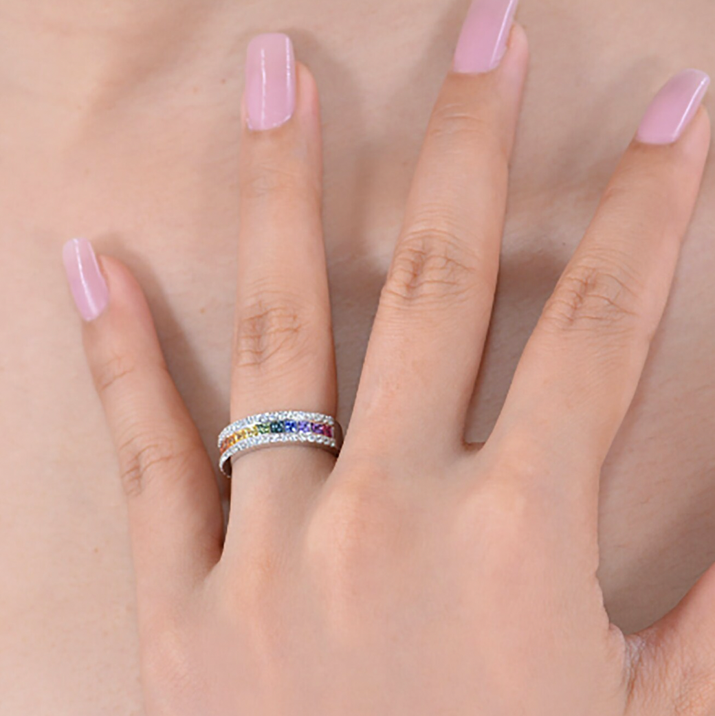 Halo bezel rainbow crystals with Eternity Bands| In 925 sterling silver