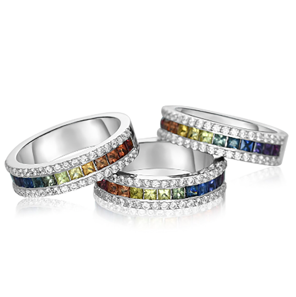 Halo bezel rainbow crystals with Eternity Bands| In 925 sterling silver