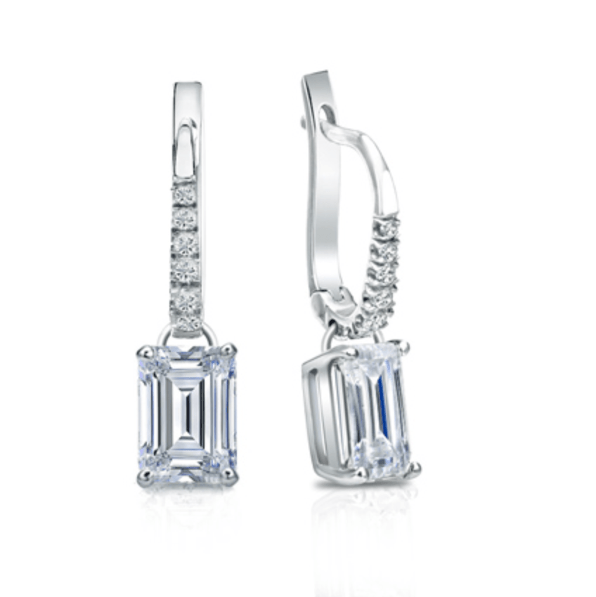 2 carat Solitaire emerald cut Moissanite ear drop-Long fish lock | 925 sterling silver | GRA certified