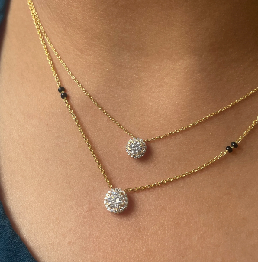 1.28 Cts HALO solitaire LGD Mangalsutra with chain | In 14k/925 silver| IGI/SGL certified Lab grown diamonds