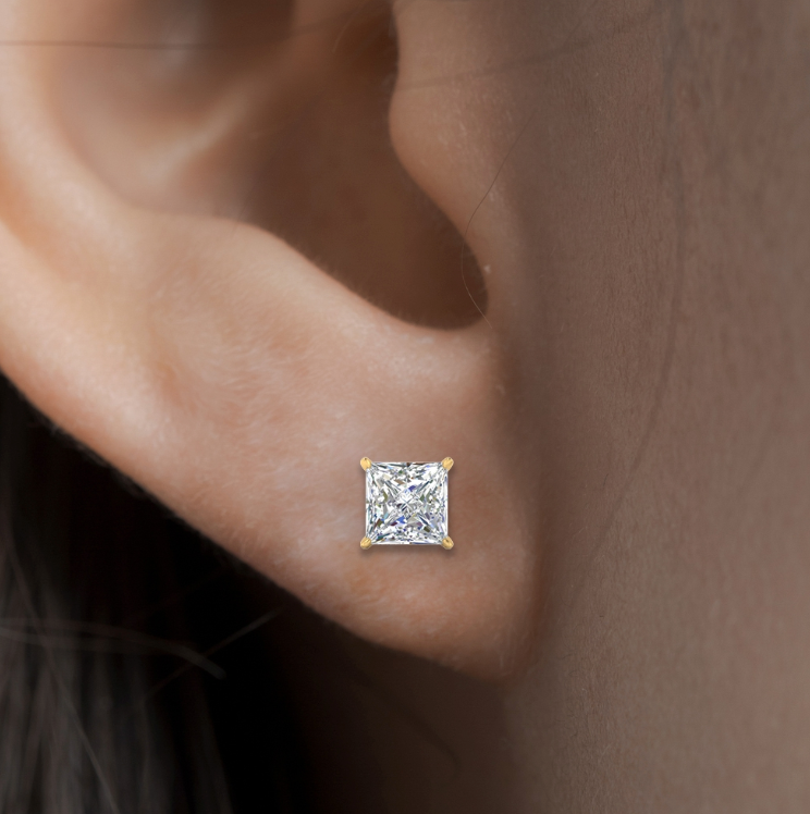 2 carat princess cut Moissanite ear studs | 925 sterling silver & 14k Gold | GRA certified
