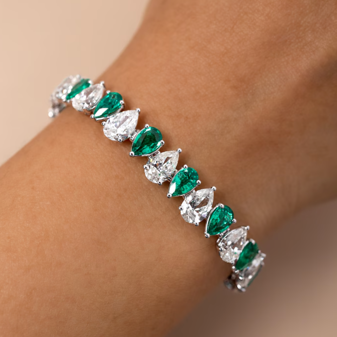EMRLD™ LAB Emerald pear and diamonds 925 silver bracelets | BY WOKE