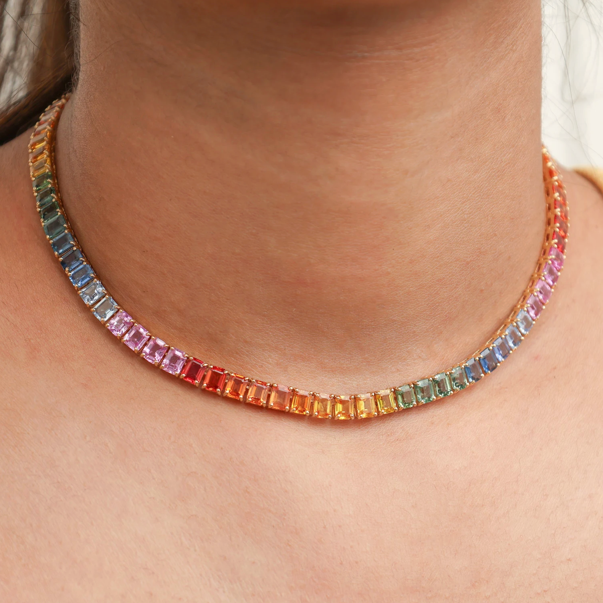 Rainbow sapphire vertical emerald cut tennis necklace | WOKE 🌈